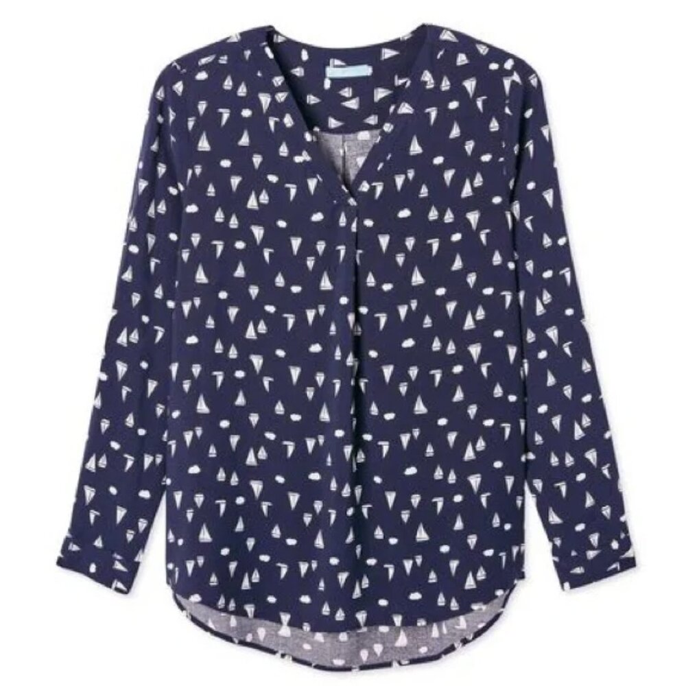 Penmans Navy Sailboat Print Roll Tab Blouse Size 16